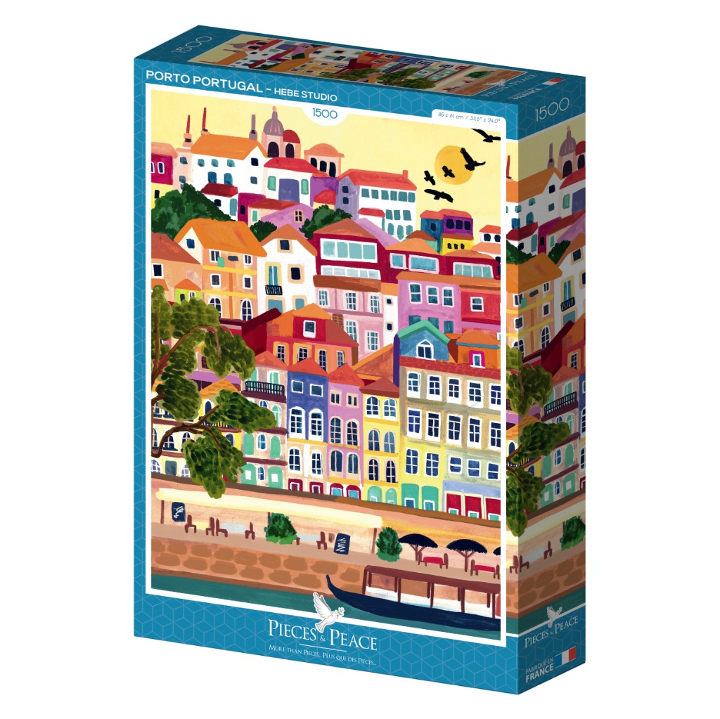 A whimsical illustration of a colorful Porto cityscape with tiered houses, a riverfront, and a boat under a warm sun.