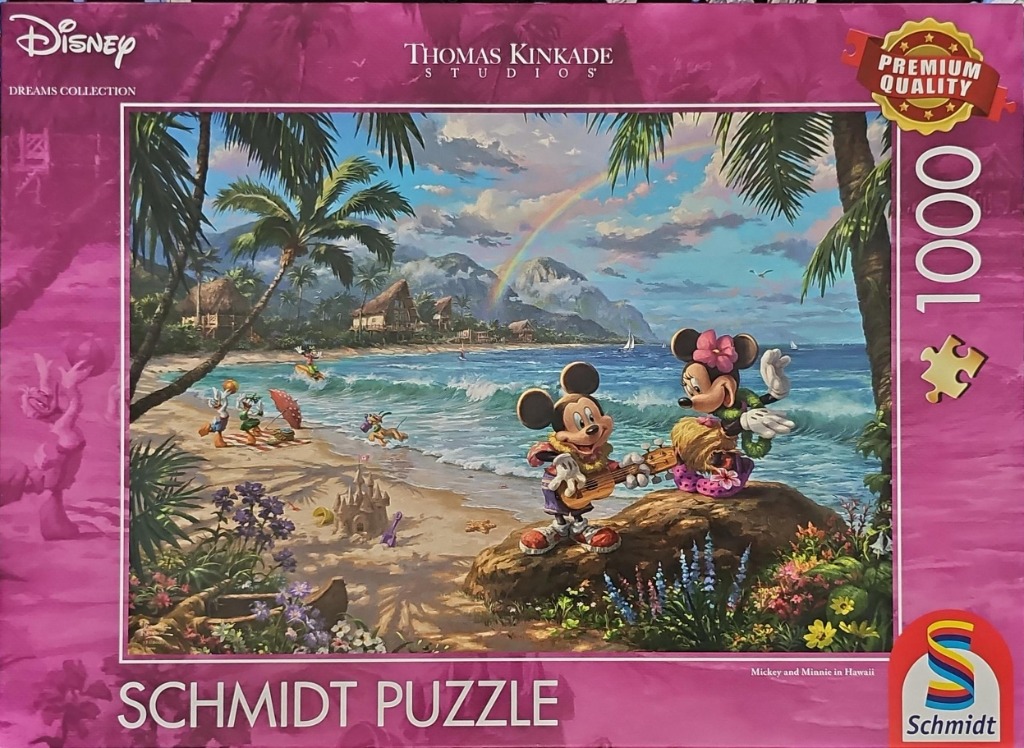 Mickey and Minnie Mouse play music on a tropical Hawaiian beach under a rainbow.