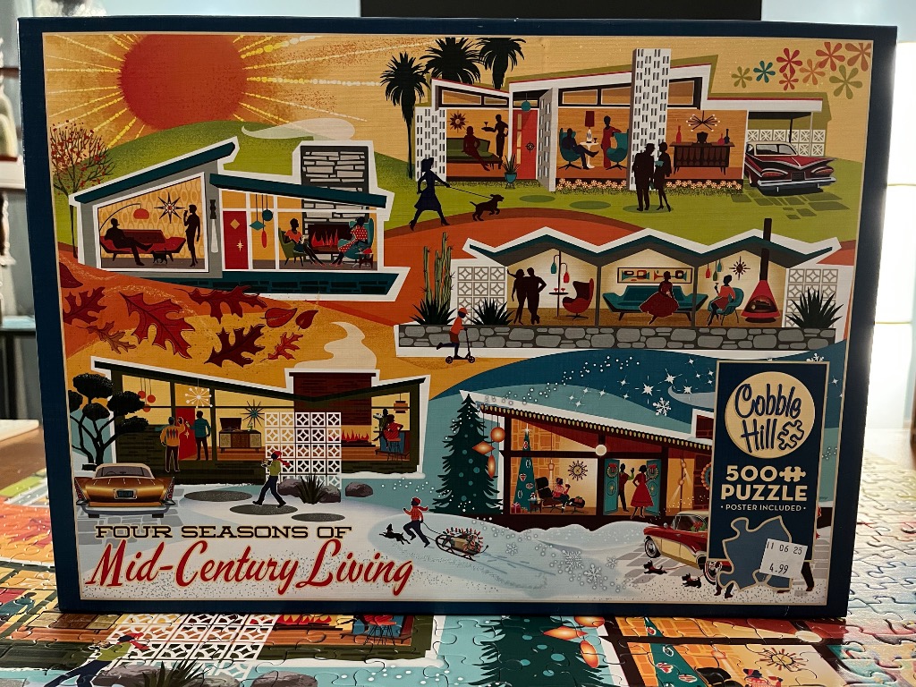 Mid-century modern illustration featuring four vignettes of homes representing the four seasons.