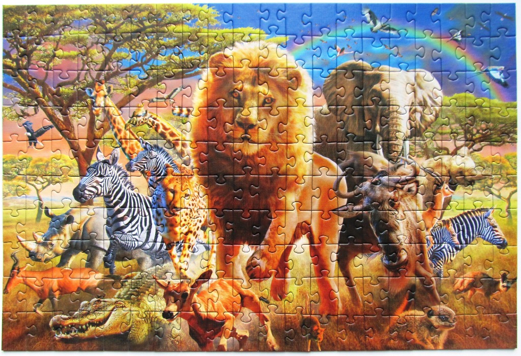 A vibrant digital illustration of various African savanna animals gathering under a rainbow.