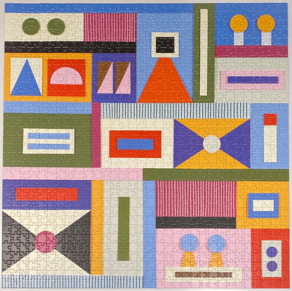 An abstract geometric composition with vibrant, varied shapes and patterns in a modern, flat illustration style.