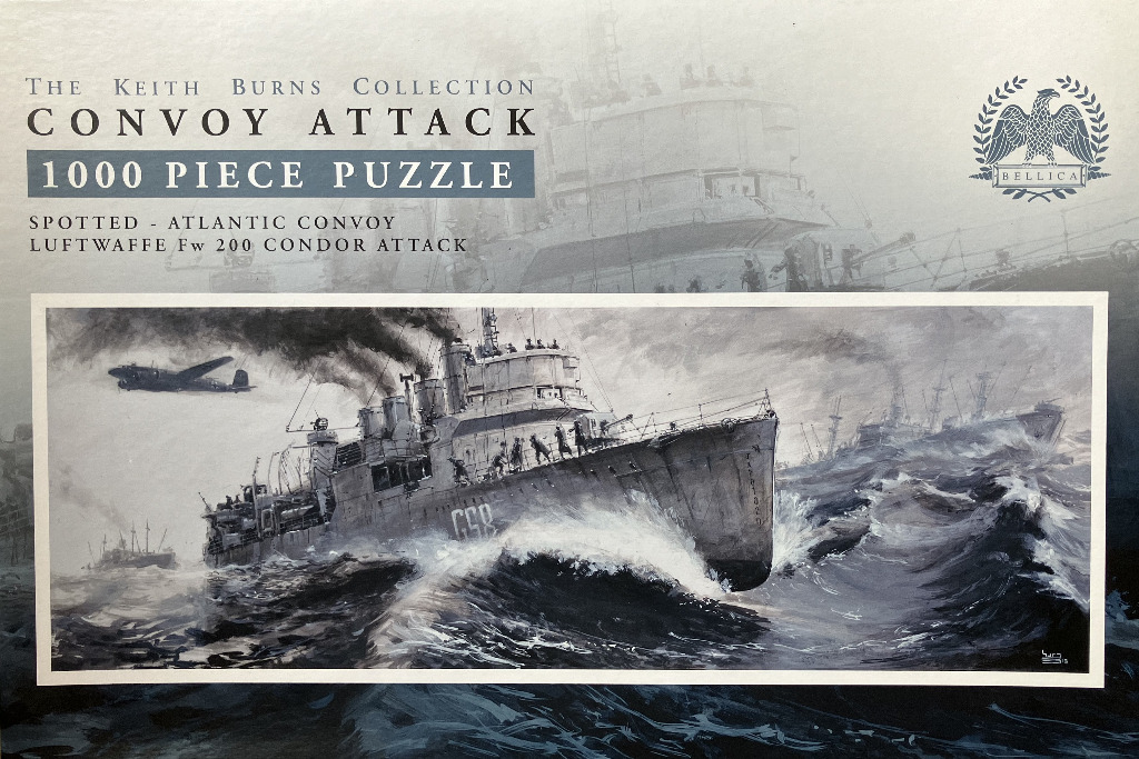 Illustration of a warship cutting through rough, churning ocean waves while an aircraft flies overhead.