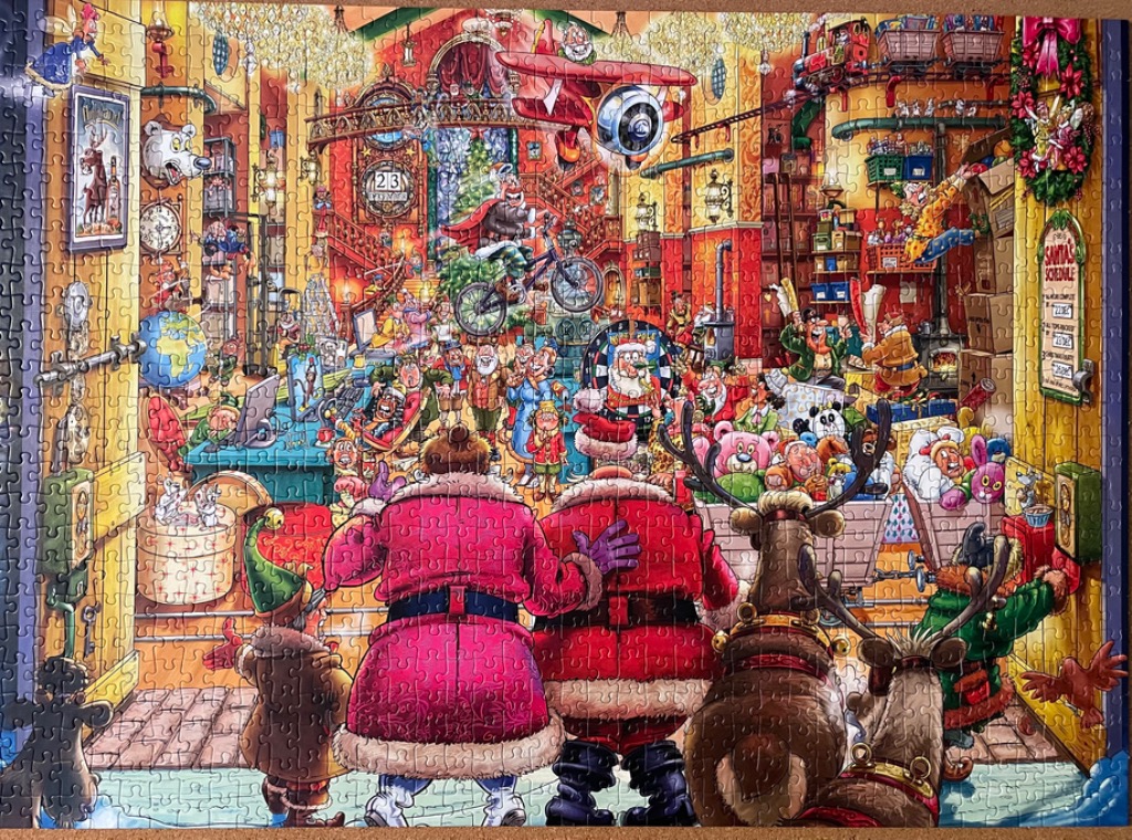 A busy, cartoon-style illustration of Santa