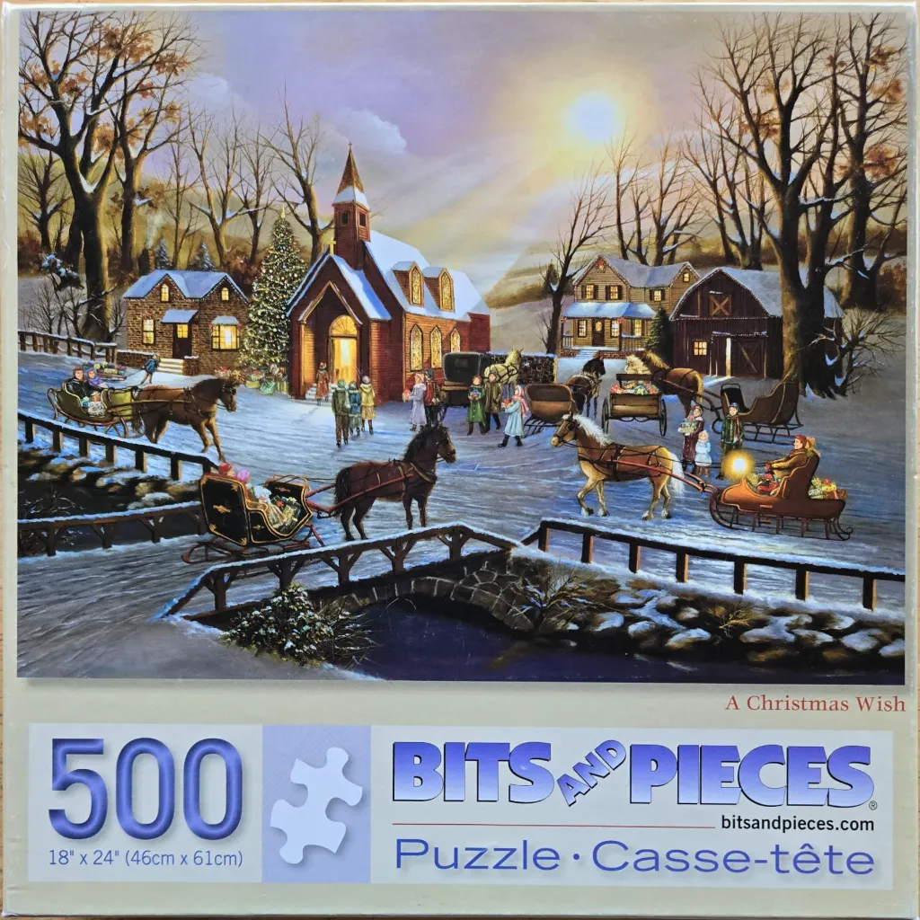 A nostalgic Christmas village scene in winter with horse-drawn sleighs, a church, and a glowing sunset.