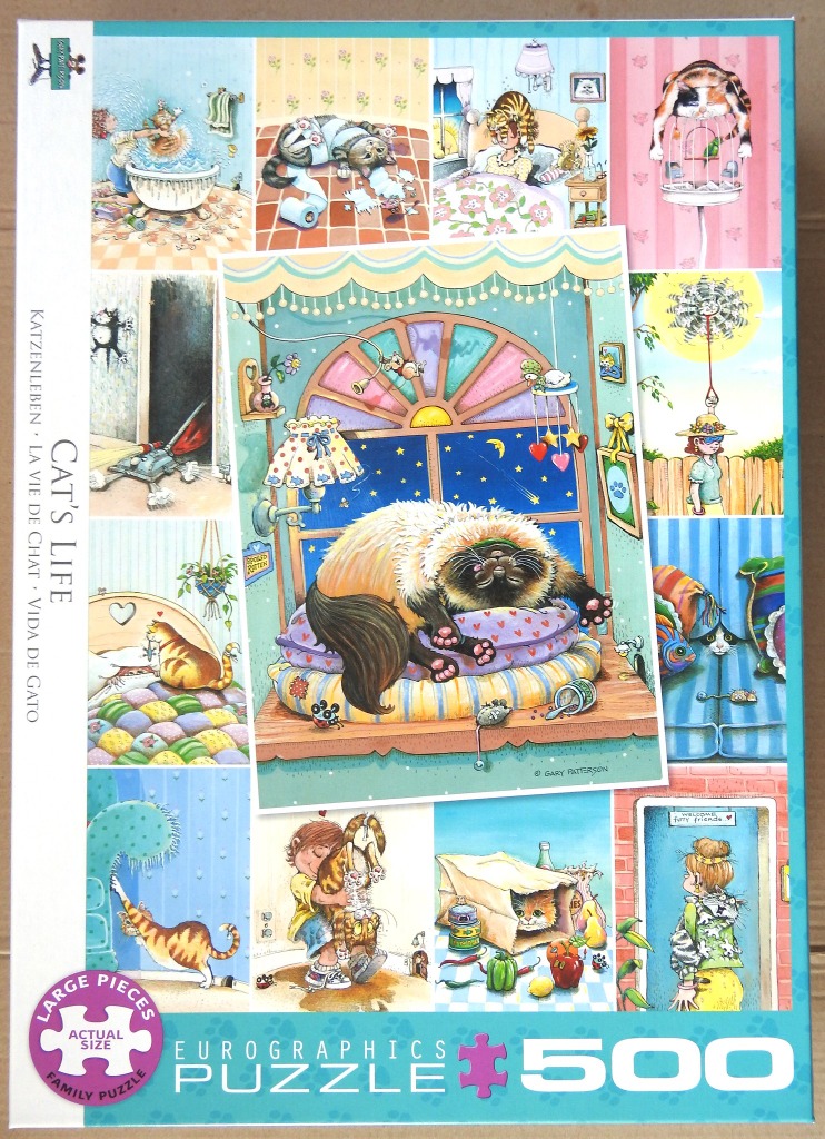 A collage of whimsical cartoon illustrations depicting various humorous situations involving domestic cats and their owners.