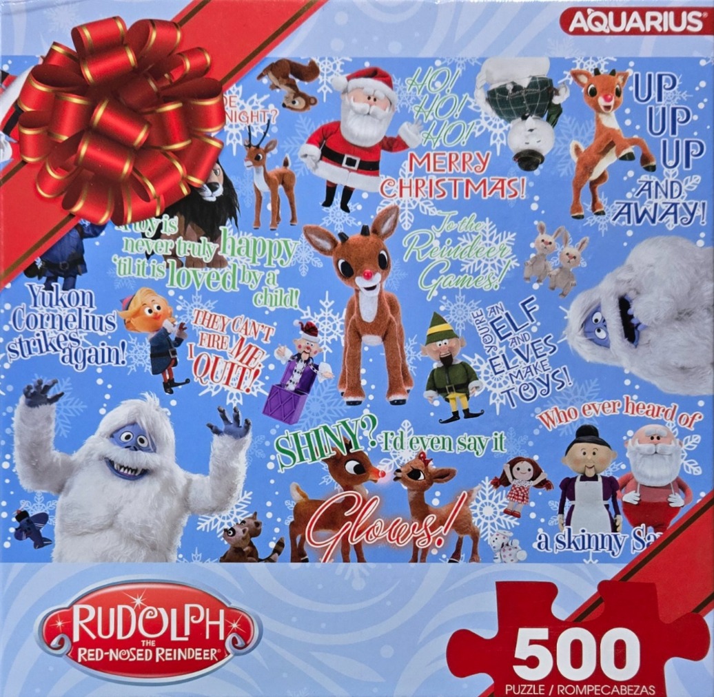 Collage of characters and quotes from the Rudolph the Red-Nosed Reindeer holiday classic on a light blue background.