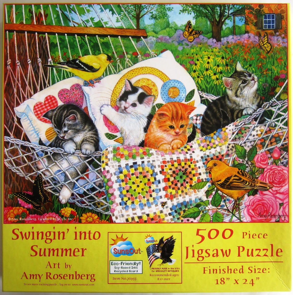 Four kittens playing in a rope hammock surrounded by garden flowers and butterflies.