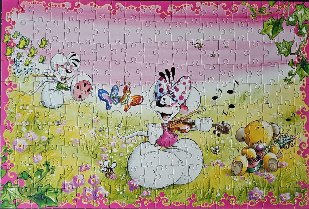 Cartoon mice playing instruments in a whimsical meadow, framed by a pink border with ivy accents.