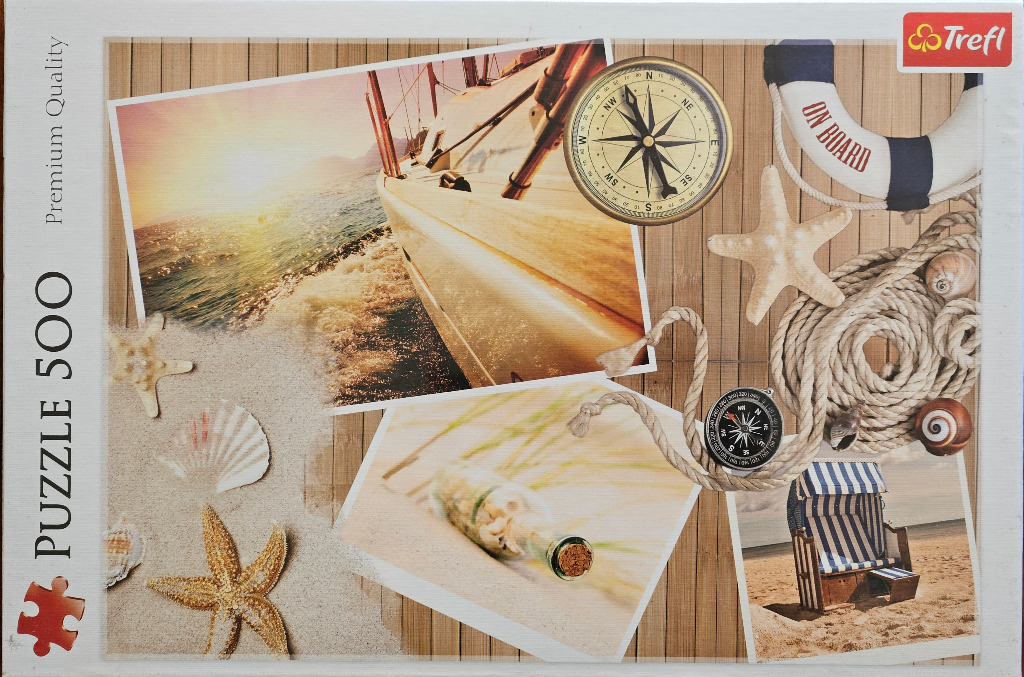 A collage of nautical and coastal images, including a sailboat, a compass, shells, and a beach chair on a wood background.