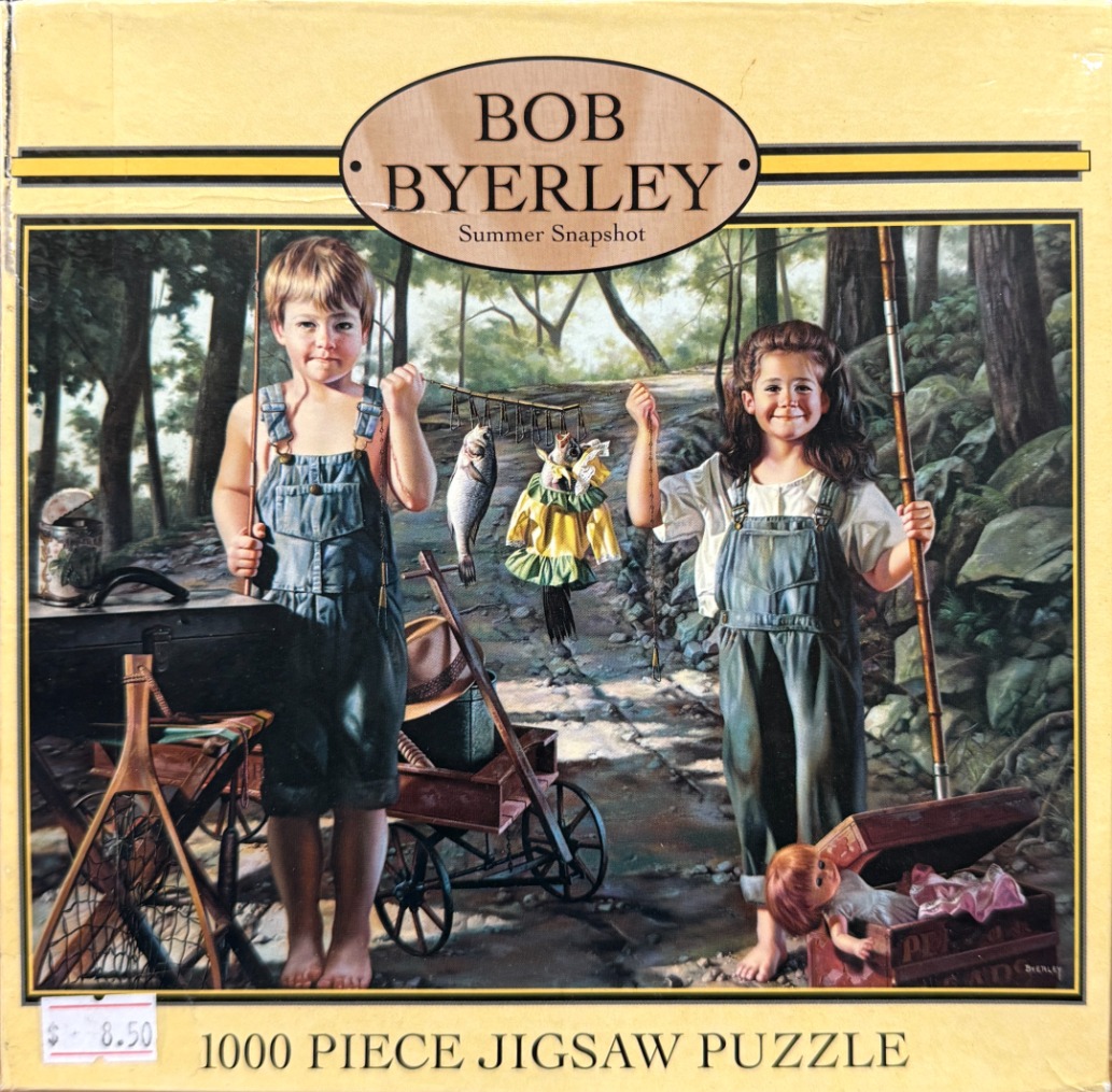 Painting of a young boy and girl in overalls standing in a forest with their fishing gear and a catch.