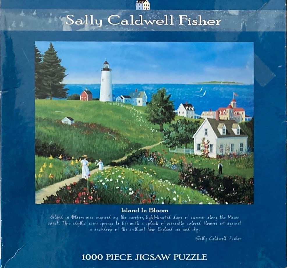 A painting of a Maine coastal scene with a white lighthouse, green fields, a white cottage, and summer wildflowers.