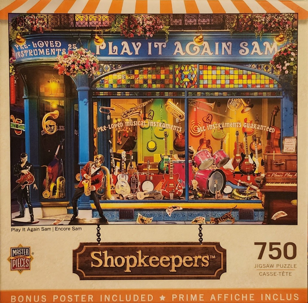 A storefront named Play It Again Sam filled with musical instruments and two musicians standing on the sidewalk.