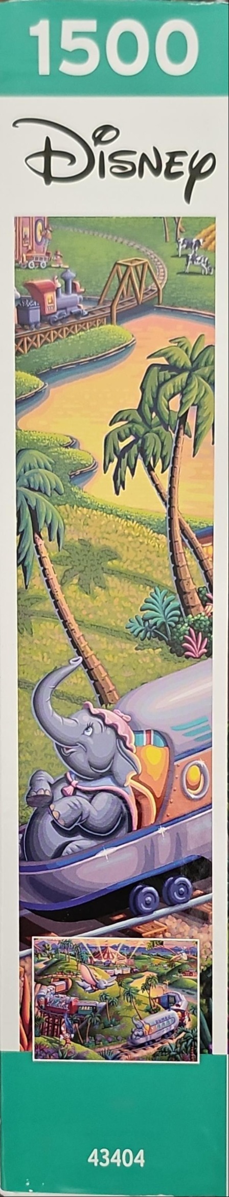 Dumbo the elephant riding a circus train in a vibrant animated landscape.