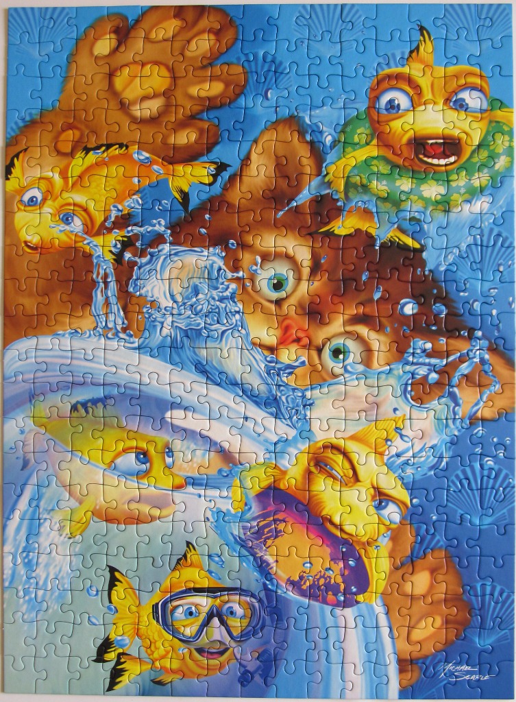 Cartoon illustration of multiple yellow fish swimming and splashing in blue water.