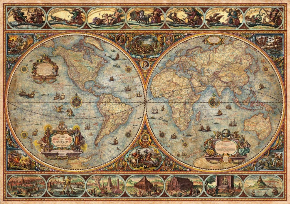 An ornate, antique-style double-hemisphere world map featuring intricate mythological and architectural illustrations.