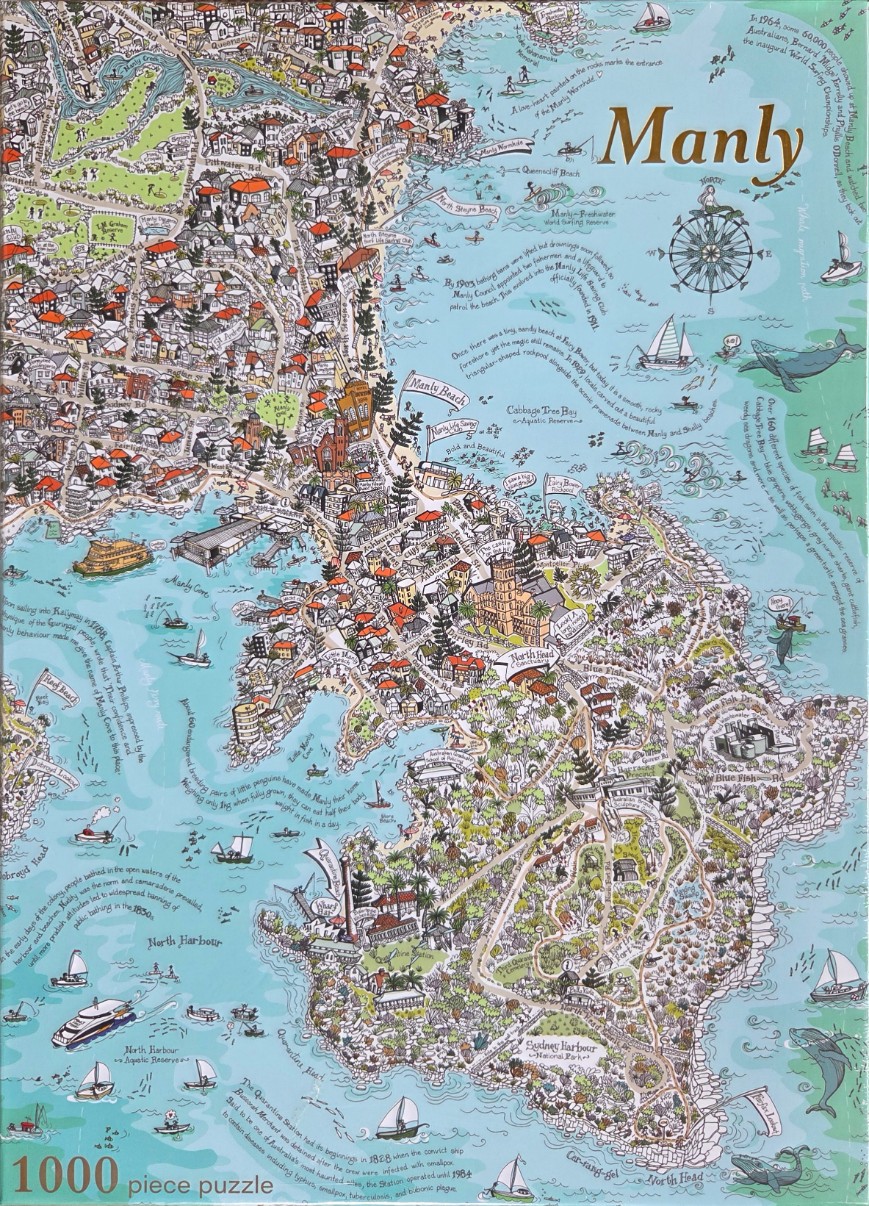 An illustrated bird's-eye view map of the Manly peninsula in Australia featuring landmarks and historical anecdotes.