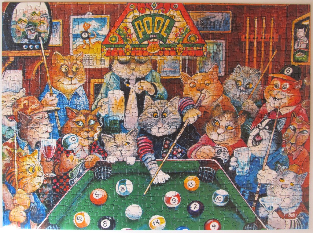 Illustration of a group of anthropomorphic cats playing pool in a dimly lit bar