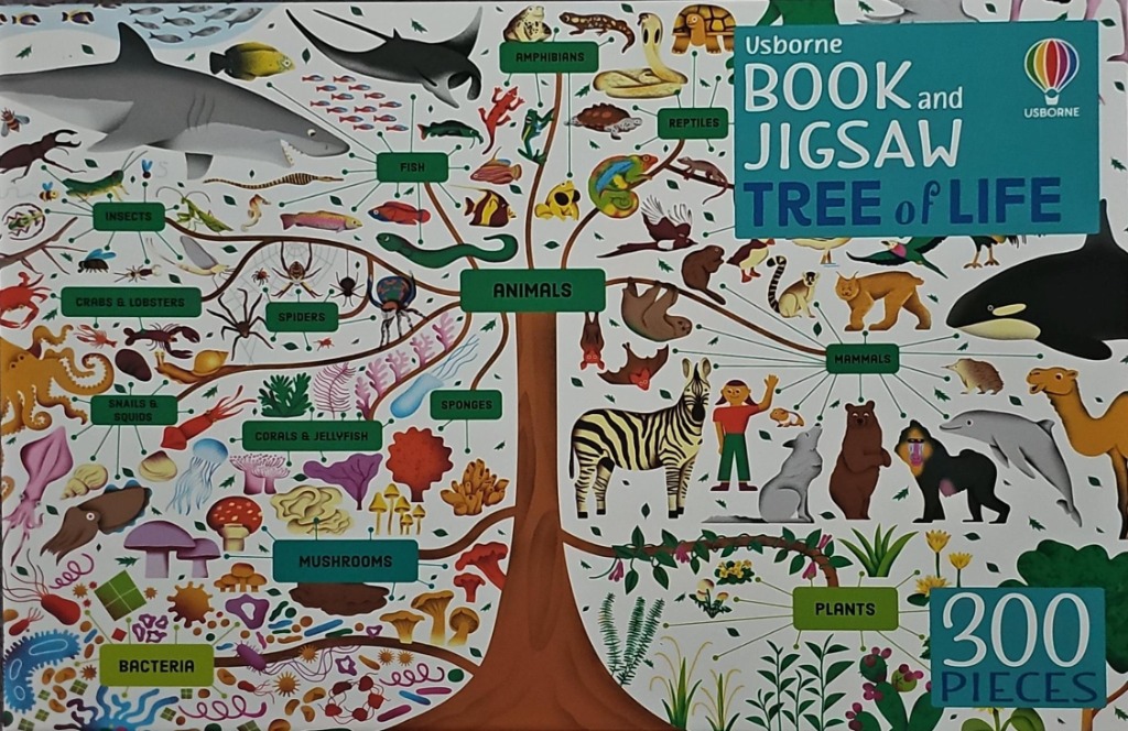 Illustrated Tree of Life diagram featuring various animals, plants, and microorganisms branching from a central tree.