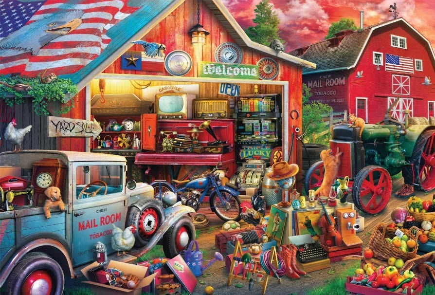An outdoor scene of a rustic barn garage filled with vintage yard sale treasures and farm animals.