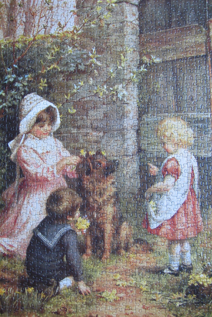Victorian-era illustration of two young girls and a boy playing with a dog by a stone wall