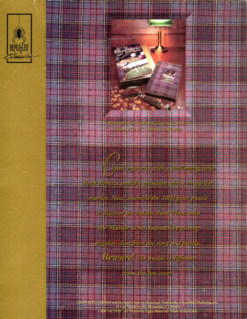 A close-up of a desk featuring a lamp, a book, a magnifying glass, and puzzle pieces set against a plaid background.