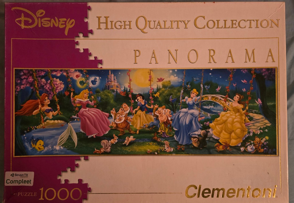 A panoramic illustration of several Disney princesses, including Ariel, Aurora, Snow White, Cinderella, and Belle, on swings.