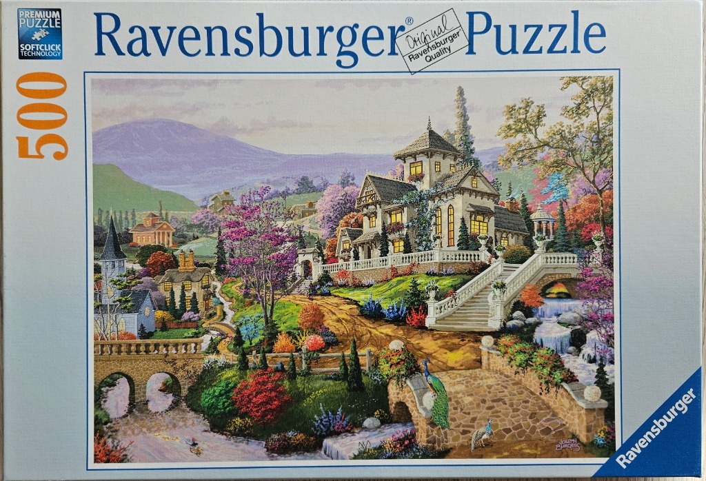 A peaceful landscape painting of a grand hillside estate with stone bridges, a waterfall, and peacocks in a garden.