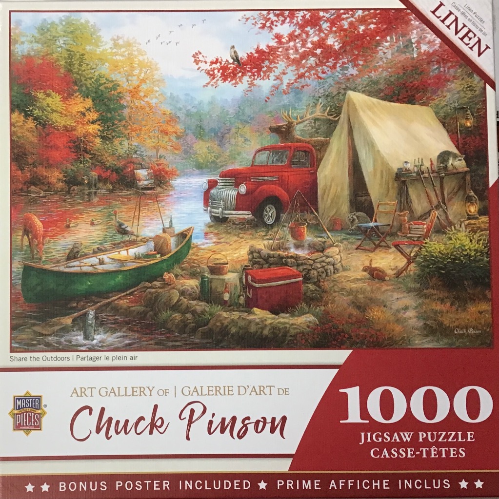 An autumn campsite by a river with a red vintage truck, a canvas tent, a green canoe, and various wildlife.