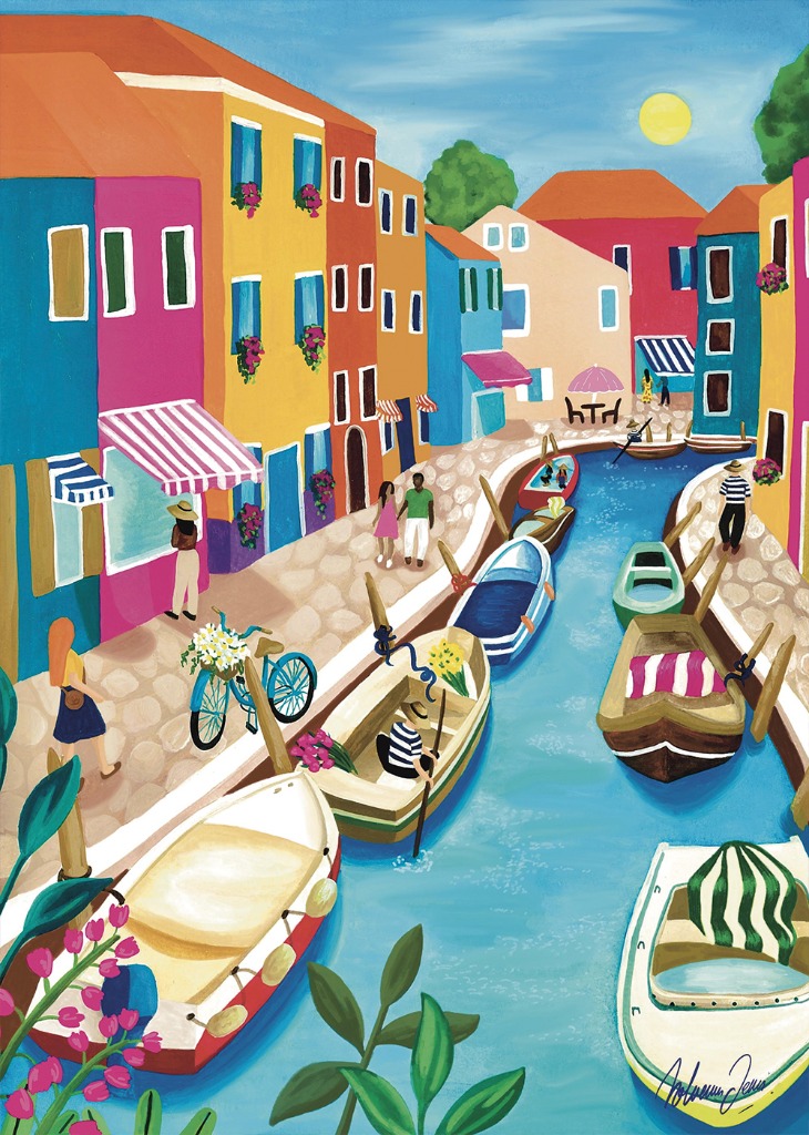 Vibrant, stylized illustration of a colorful Italian canal town with bright buildings, moored boats, and pedestrians.