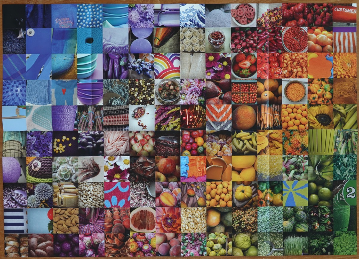 A vibrant grid of 144 square images displaying a gradient of colors from blue and purple to red, orange, yellow, and green.