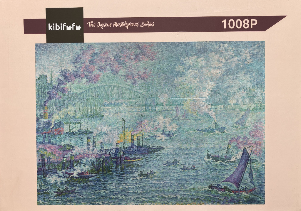 Pointillist painting of a busy harbor scene with steamboats, sailing vessels, and a distant bridge.