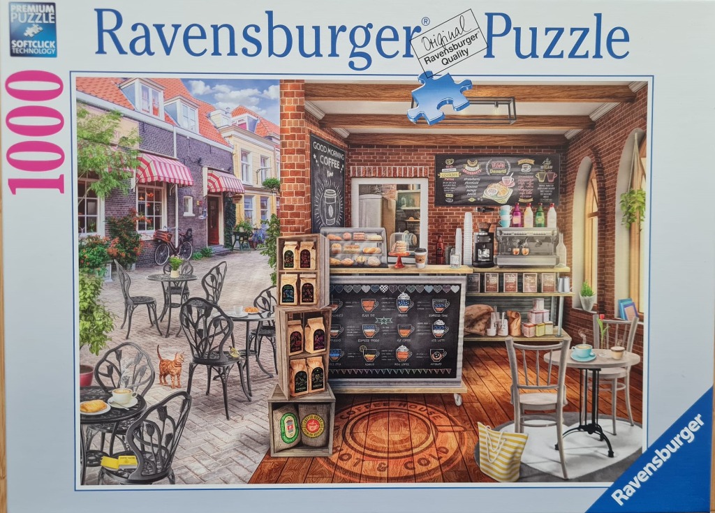 A cozy outdoor and indoor coffee shop scene with bistro tables, brick walls, and a chalkboard menu.