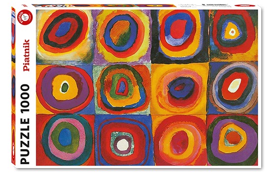 Abstract art grid of twelve squares each containing vibrant, layered concentric circles by Wassily Kandinsky.