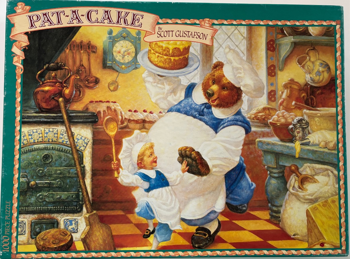An illustration of a large anthropomorphic bear and a small child baking together in a kitchen.