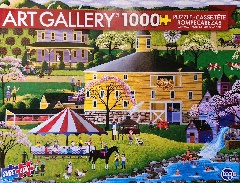 A rural folk art scene featuring a barn, a picnic, and a stream.