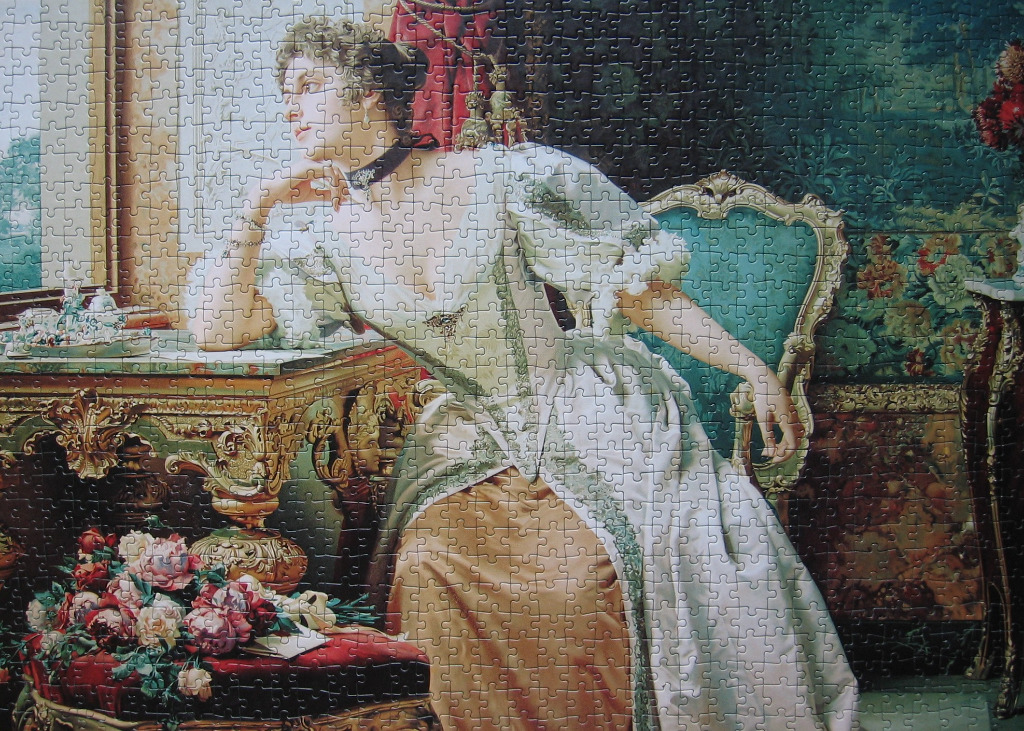 An elegant woman in 18th-century attire gazes out a window in a lavish, ornately decorated room.