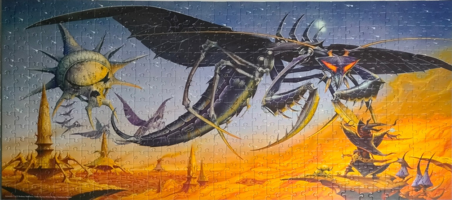 A surreal fantasy landscape featuring a giant insectoid machine flying over a golden desert city.