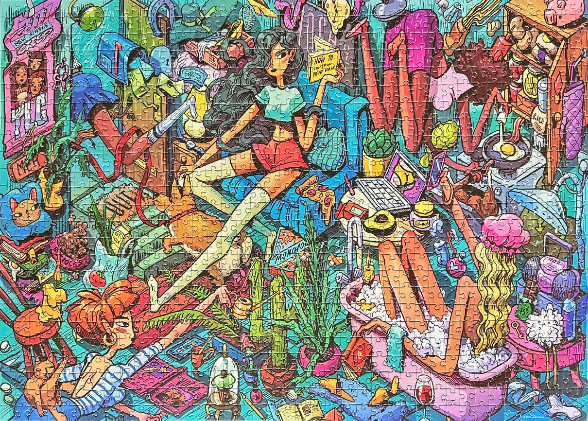 Chaotic, colorful illustration of a cluttered room with a young woman on a couch and another in a bathtub.