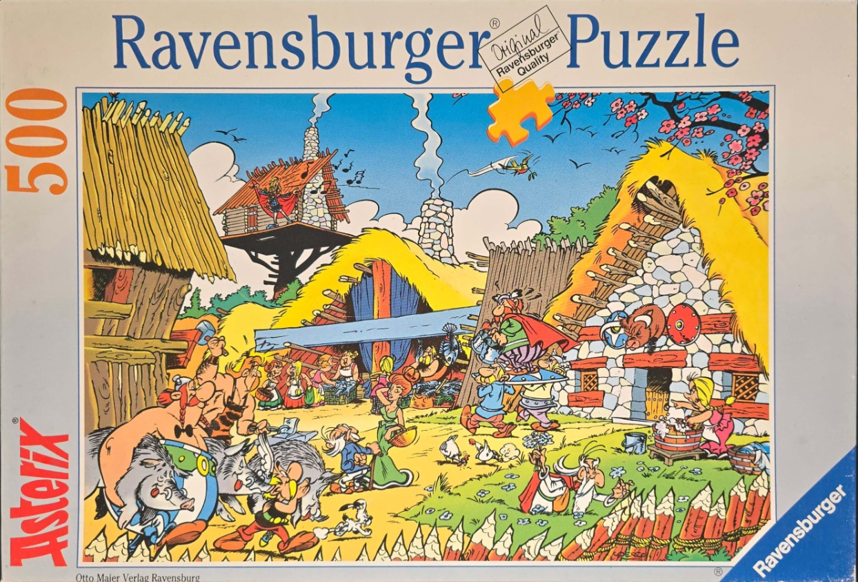 Illustration of the Asterix village featuring Obelix carrying a wild boar and other characters in a busy outdoor scene.