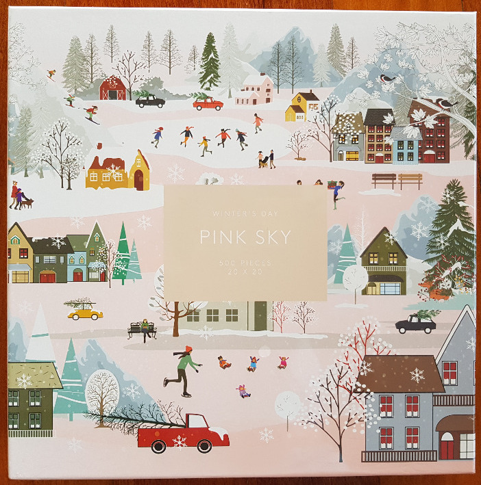 Illustrated winter village scene with colorful houses, skating people, and vehicles against a soft pink background.