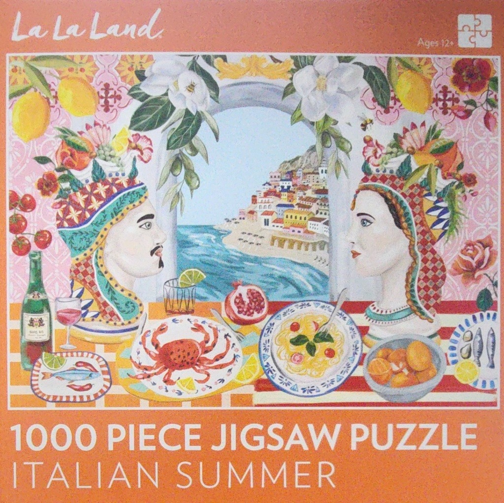 Illustration of two ceramic busts flanking a Mediterranean coastal view, surrounded by Italian food and citrus.