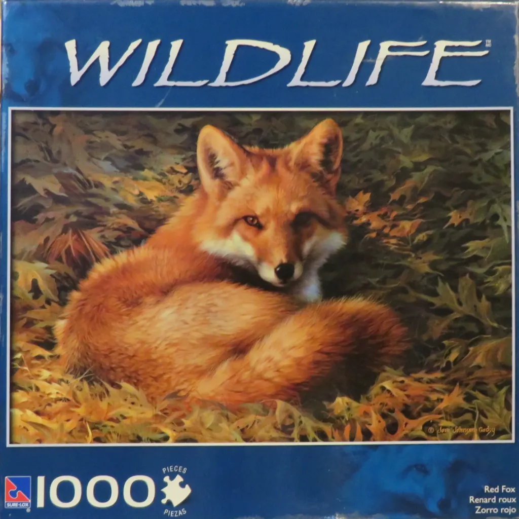 A detailed painting of a red fox curled up in a bed of fallen autumn leaves.