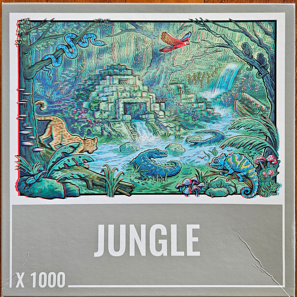 An illustration of a jungle scene with an ancient stone temple, a leopard, a crocodile, a snake, and a chameleon.