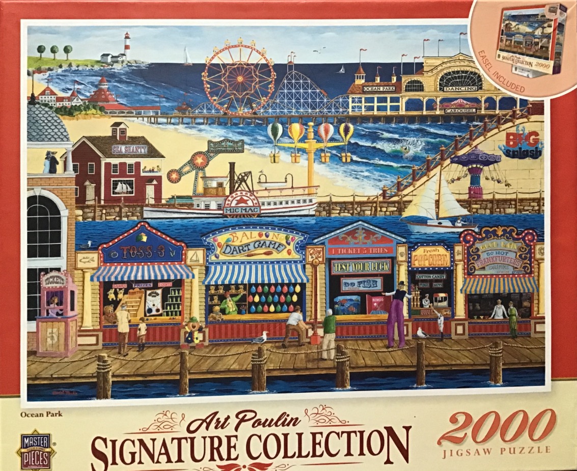 Illustration of a nostalgic seaside boardwalk with games, a carousel, a ferris wheel, and an ocean pier.