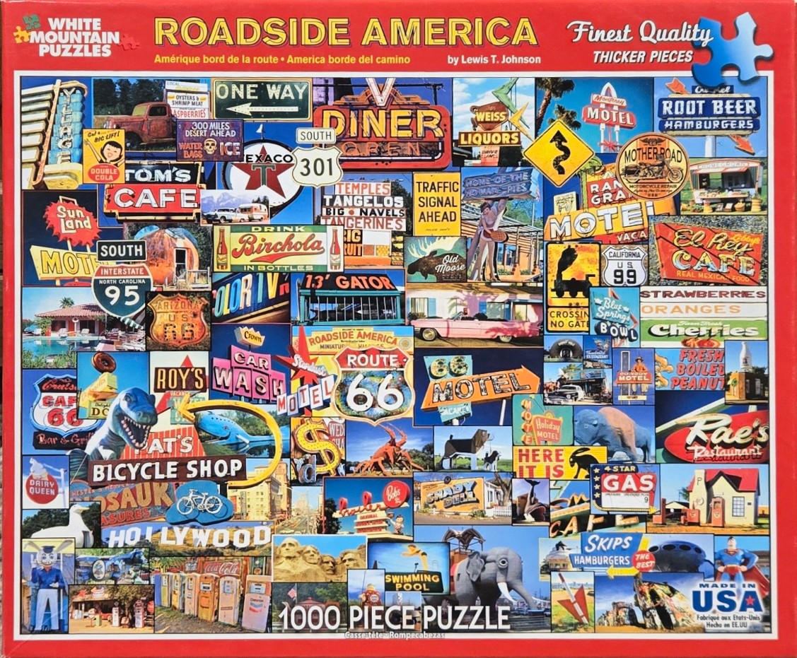 A collage of vintage Americana signs, roadside attractions, and retro diners.