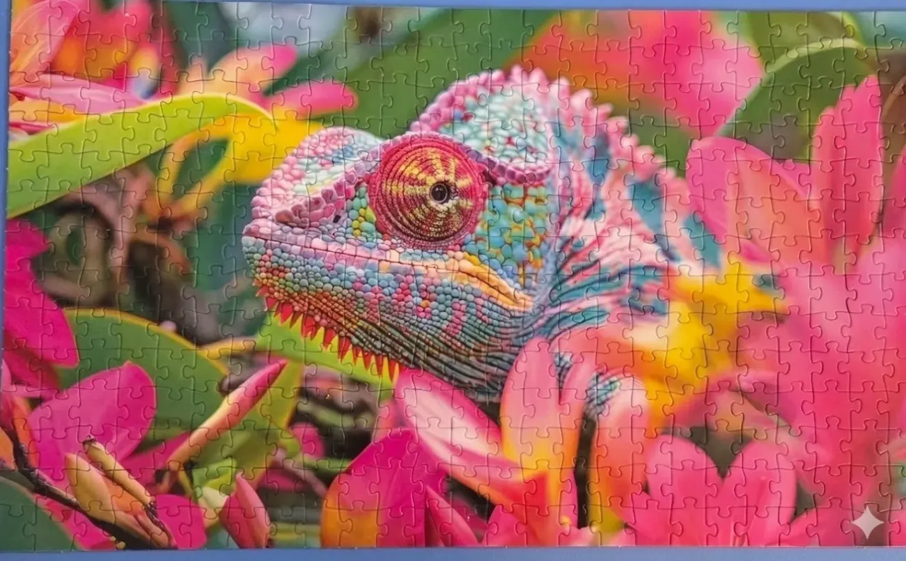 A close-up, vibrant image of a colorful chameleon perched amidst bright pink flowers and green foliage.