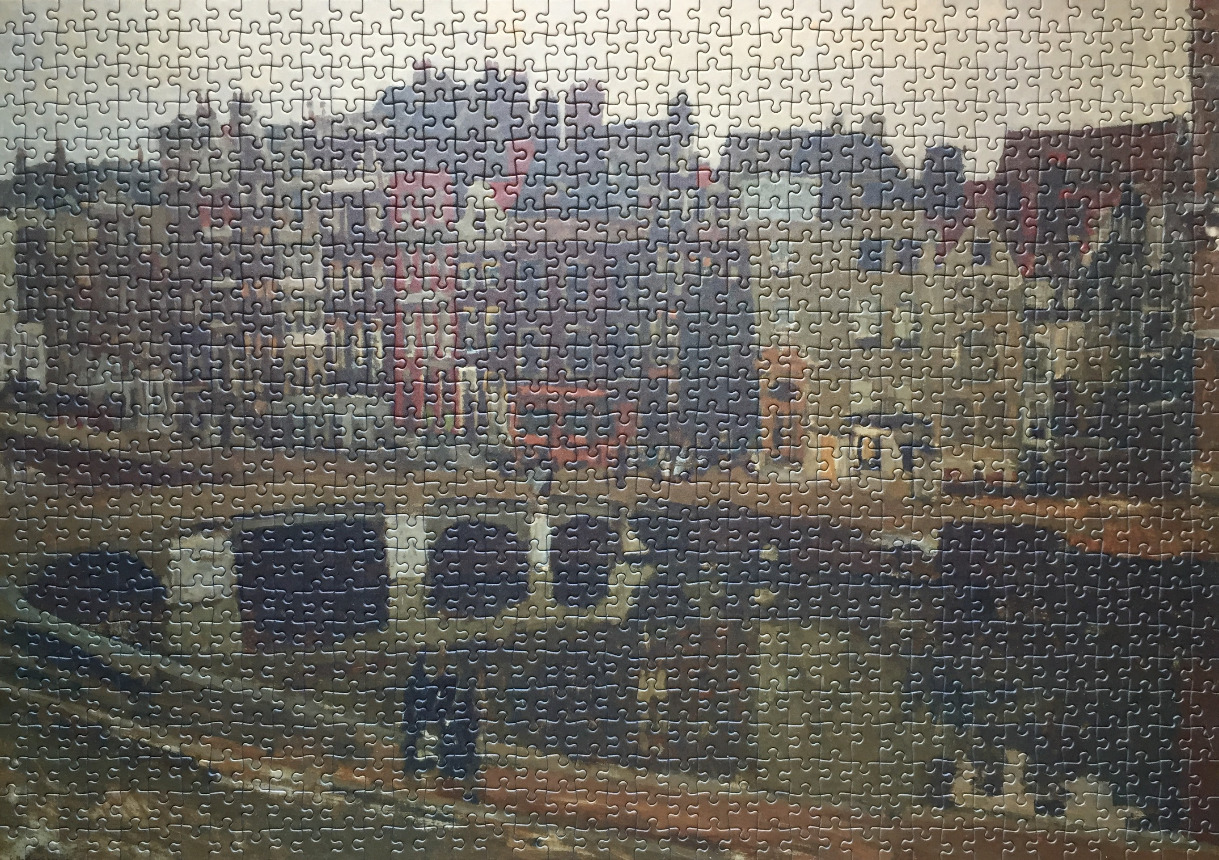 An impressionist painting of a town bridge and multi-story buildings in muted tones.