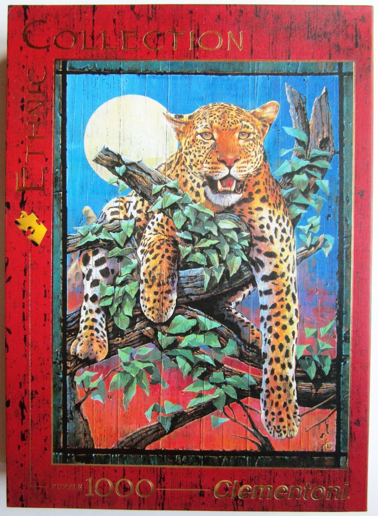 An illustration of a leopard perched in a tree against a large moon and sunset sky.