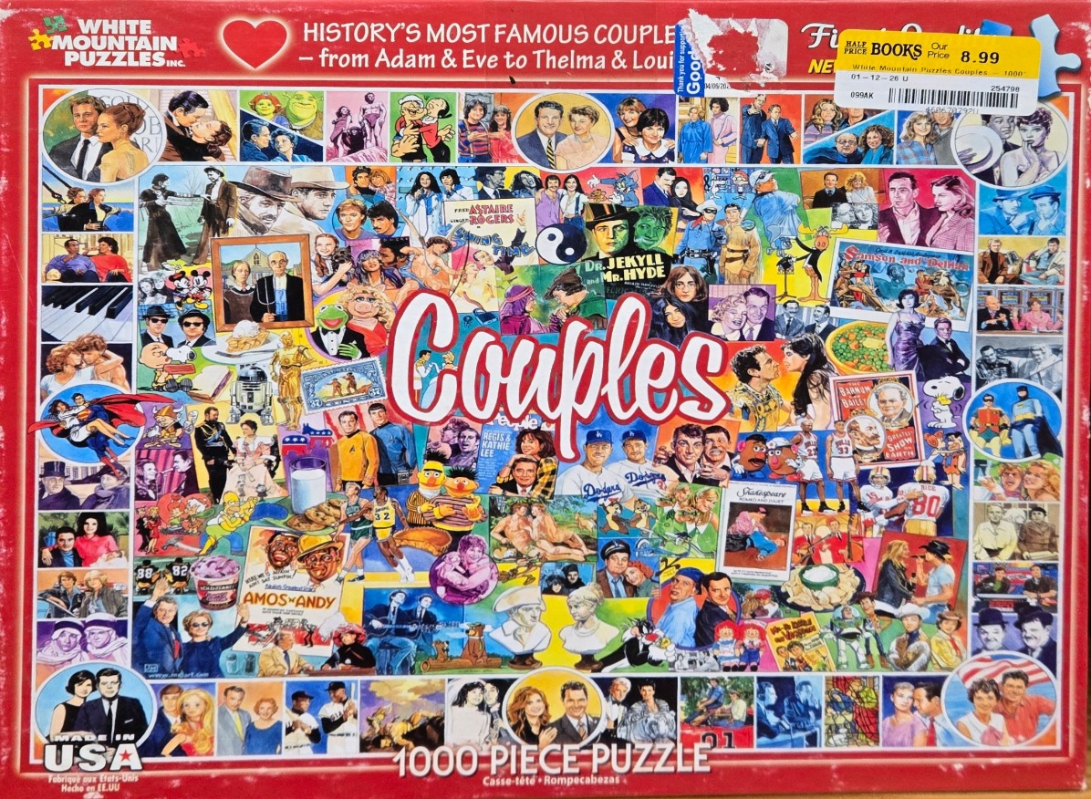 A collage of famous fictional and real-life couples from pop culture, movies, and history.