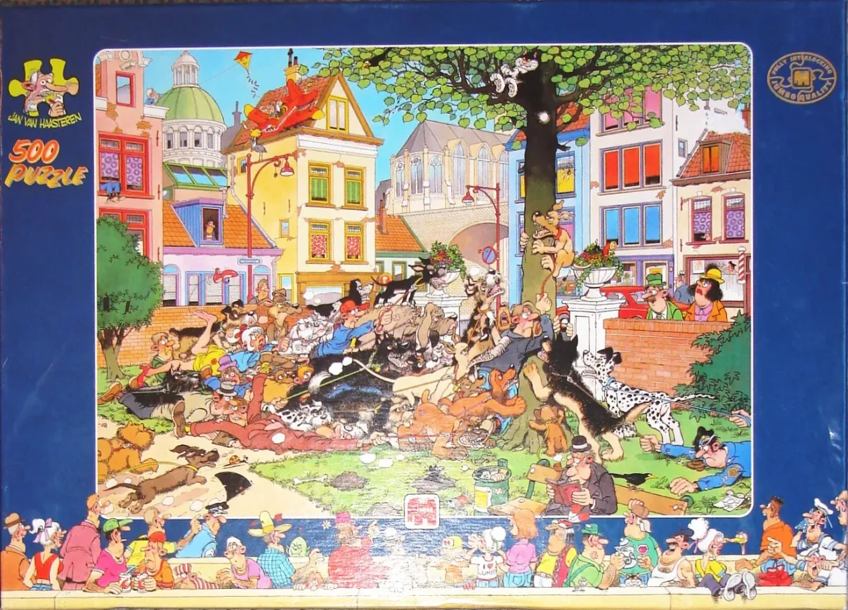 A chaotic, humorous cartoon scene of a dog park with many people, tangled leashes, and buildings in the background.